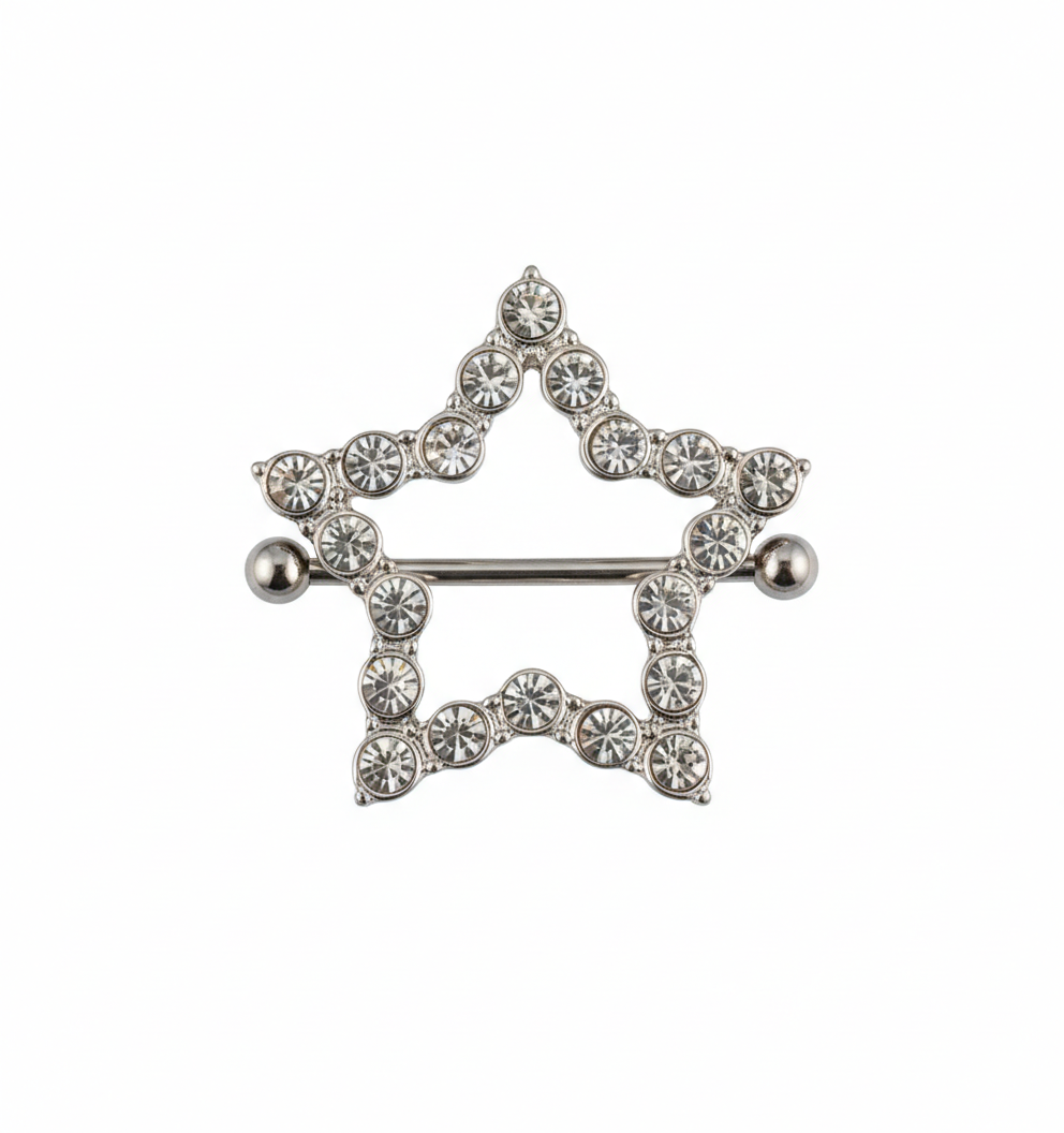 Close-up of a single crystal star nipple shield with a straight barbell and secure screw-on ball ends on a clean white background.