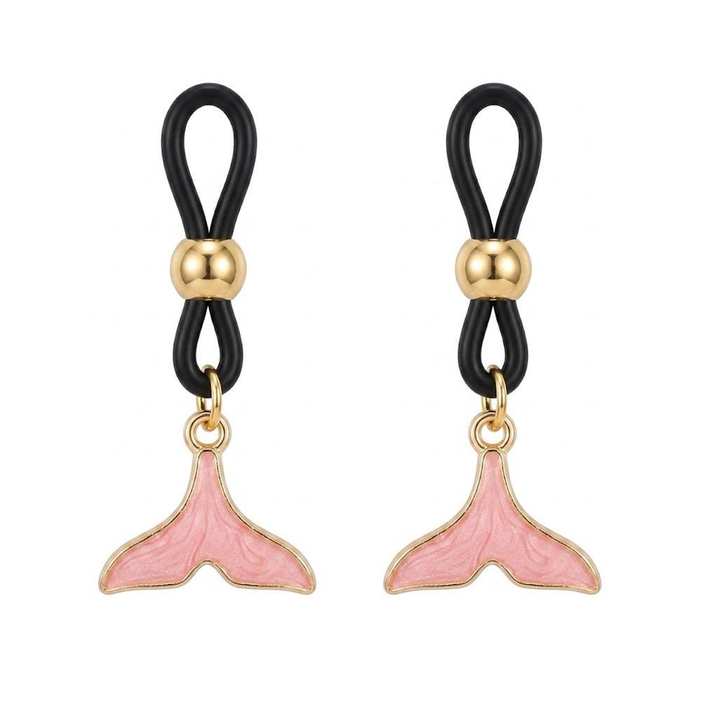 A pair of pink whale tail dangling nipple rings, non-pierced body accessories for alternative fashion.