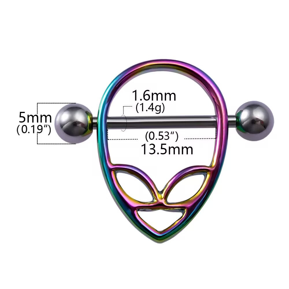 Technical size chart for alien nipple shield showing 1.6mm (14g) bar thickness and 13.5mm inner width.