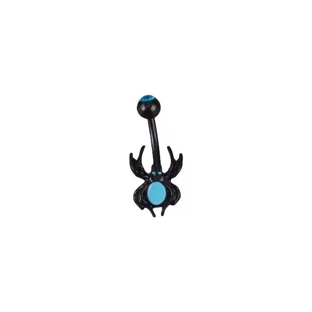 Minimalist black spider piercing jewelry for belly button with an oval blue gem body and blue crystal eyes.