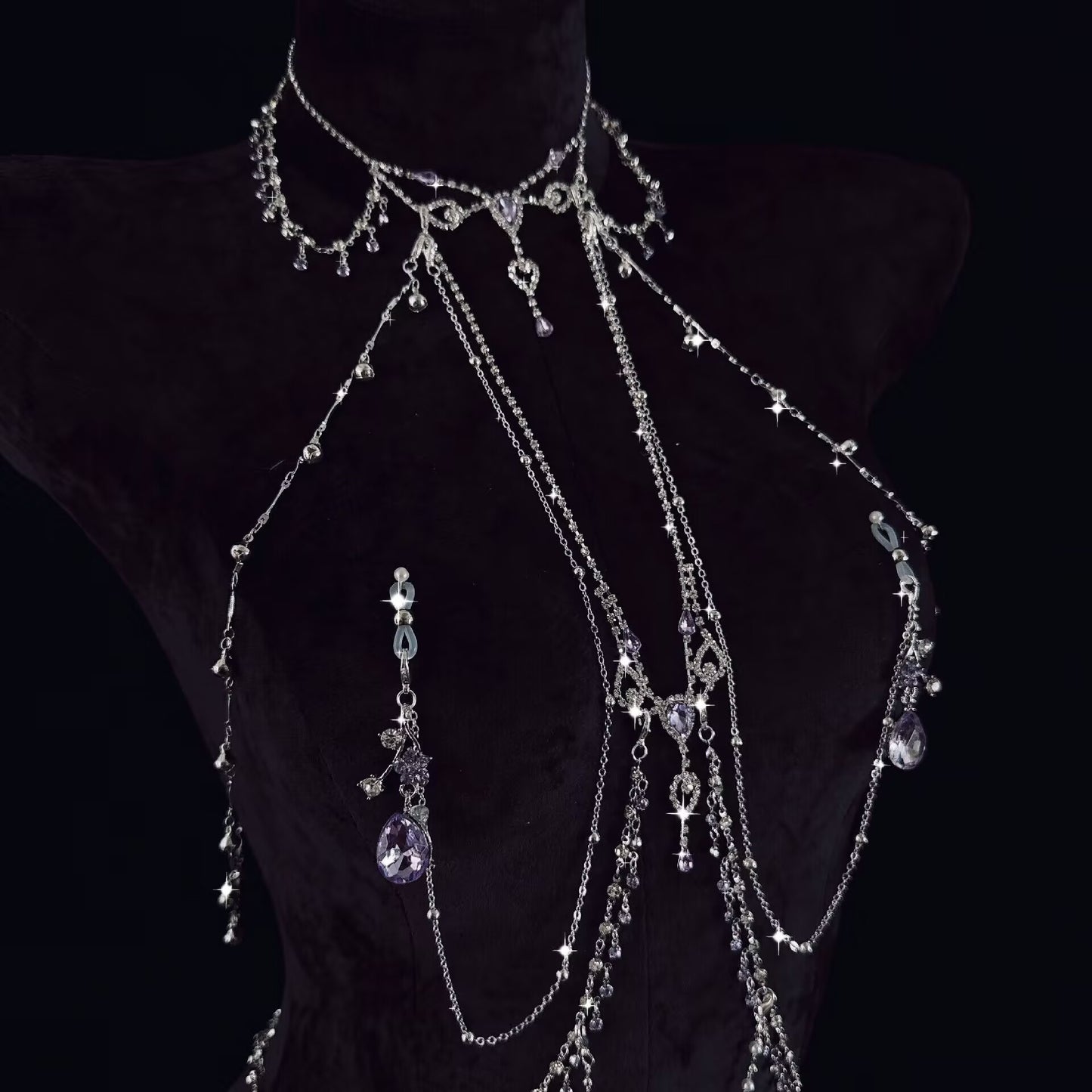 Amethyst Crystal Goth Body Chain Set - Detachable Nipple Clamps & Piercing Jewelry Lingerie Accents
