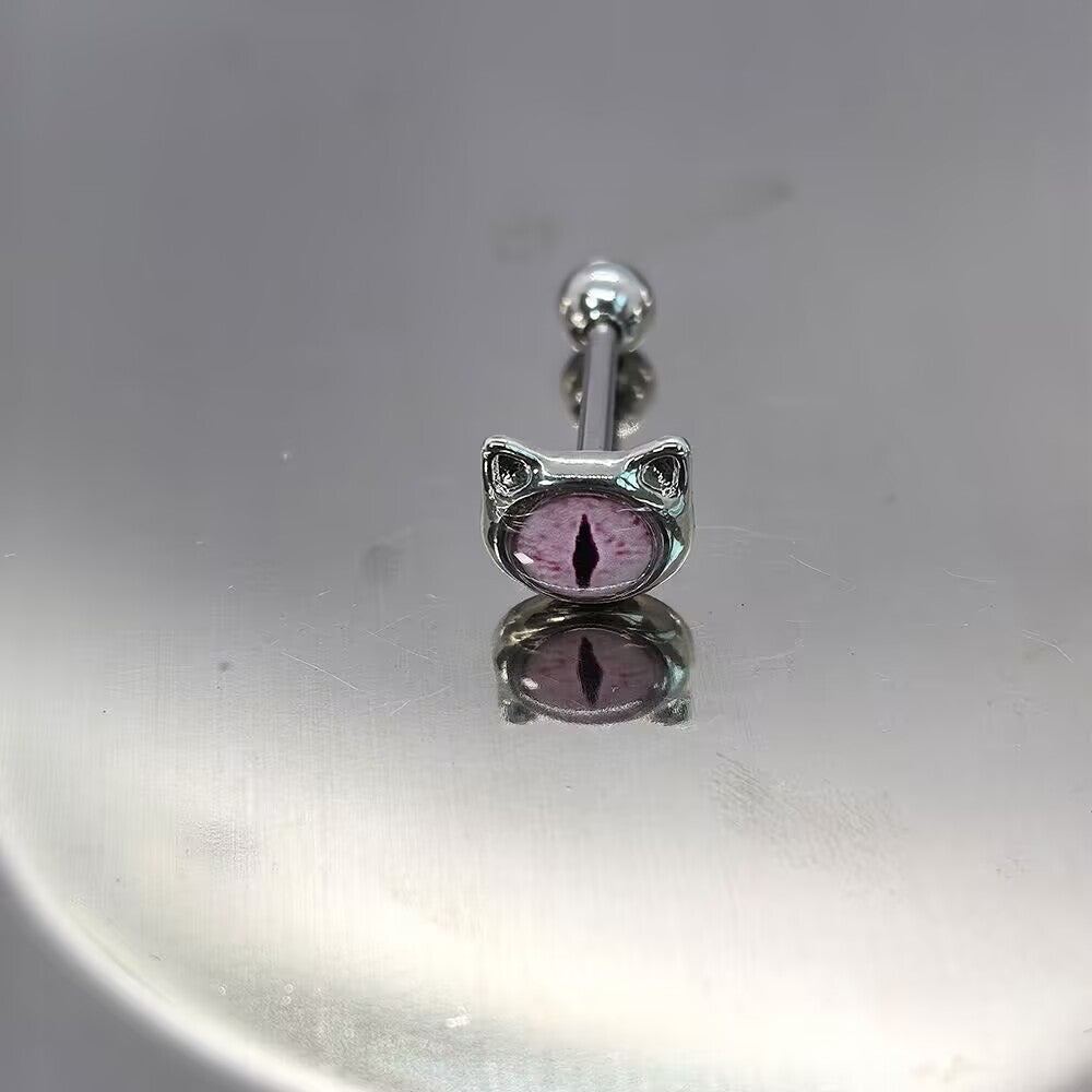 Amethyst purple cat eye tongue ring barbell with a sleek feline pupil pattern, ideal for Whimsigoth body jewelry looks.