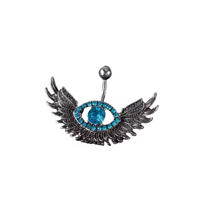 Detailed antique silver angel wings framing a blue crystal evil eye belly button piercing.