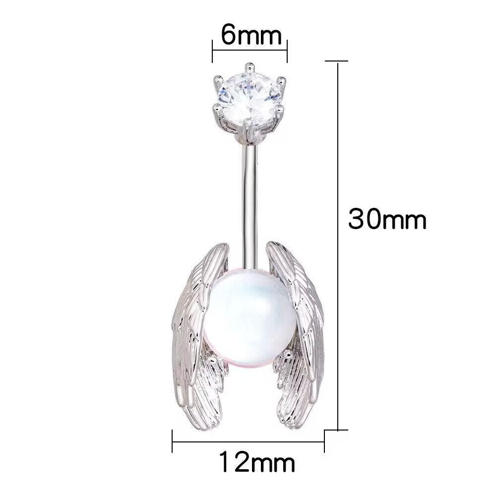 Dimension diagram for angel wings navel piercing showing 30mm total length and 12mm width