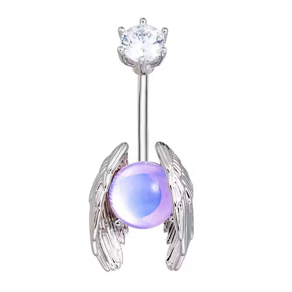 Front view of angel wings navel ring with sparkling CZ top and purple-blue glowing stone