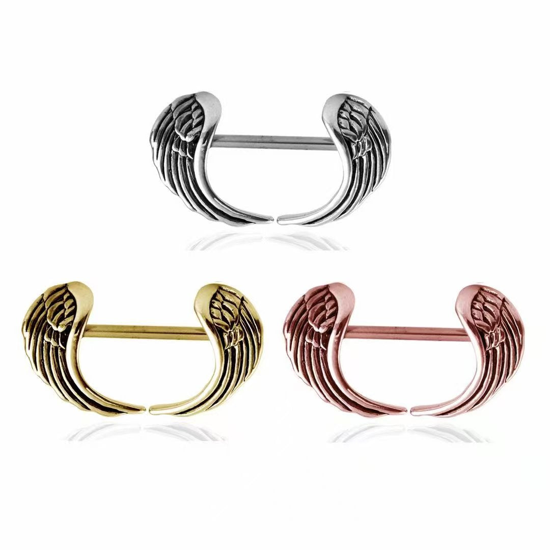 Angel wings nipple shield barbell jewelry set shown in antique silver, gold, and rose gold finishes.