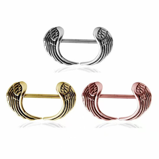 Angel wings nipple shield barbell jewelry set shown in antique silver, gold, and rose gold finishes.