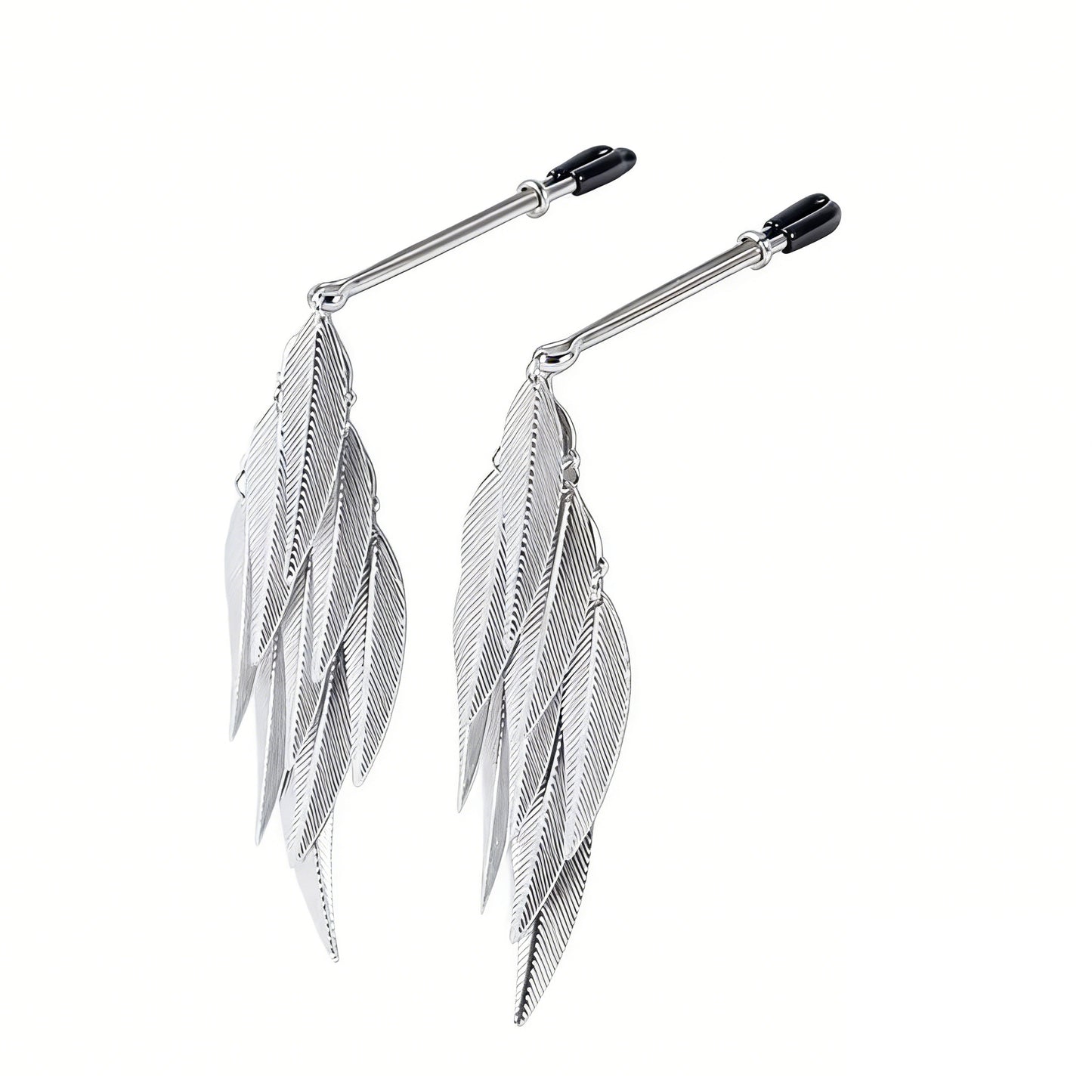 Professional angled view of feather tassel sensory jewelry showing the sleek adjustable metal frame.