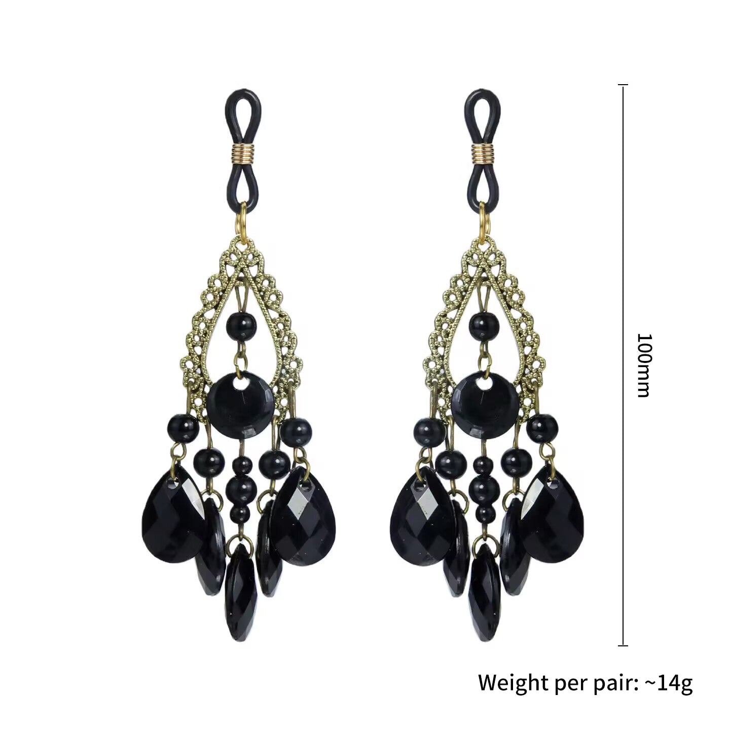 Antique gold loop non-pierced fake nipple rings with cascading black crystal beads, 100mm length