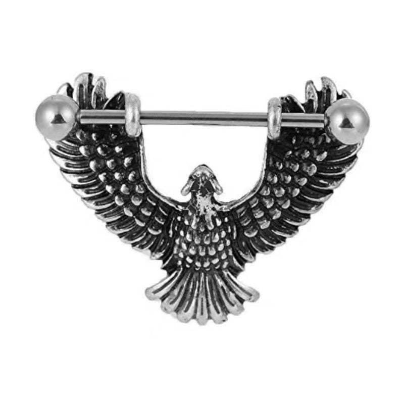 Antique vintage silver eagle wing nipple shield ring with 14G titanium straight barbell, gothic body piercing jewelry on a clean white background.