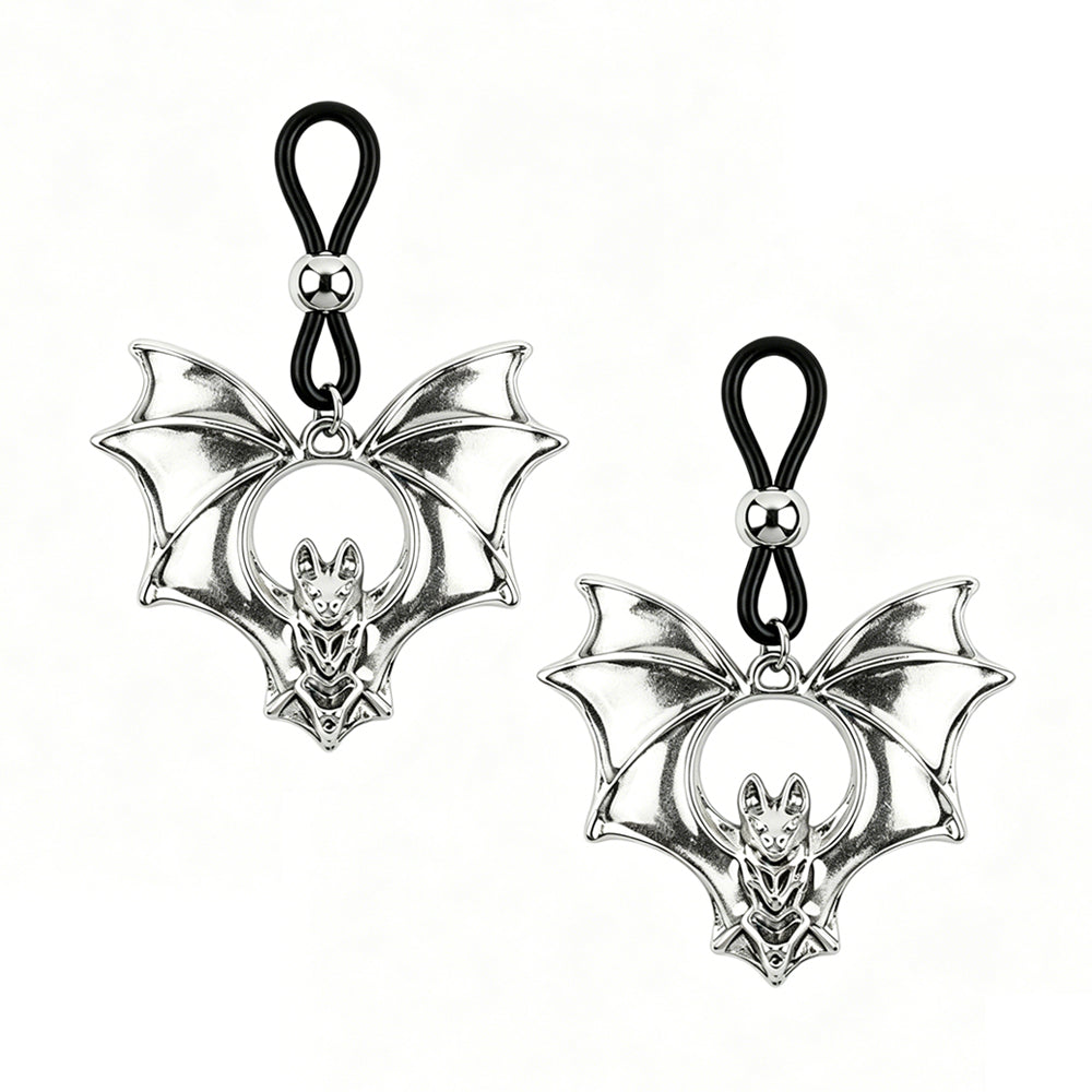 One pair of antique silver vintage gothic bat non-piercing nipple loops with adjustable sliders, creative alternative body accessories on a white background.
