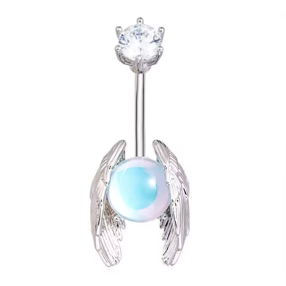 Curved navel barbell with silver angel wings wrapping around an aqua blue iridescent stone