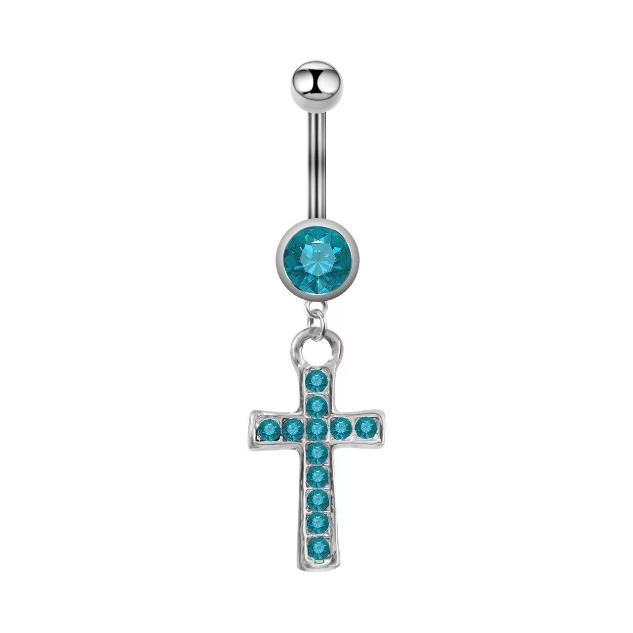 Navel piercing jewelry with an aqua blue crystal center stone and matching blue crystal-paved cross pendant.