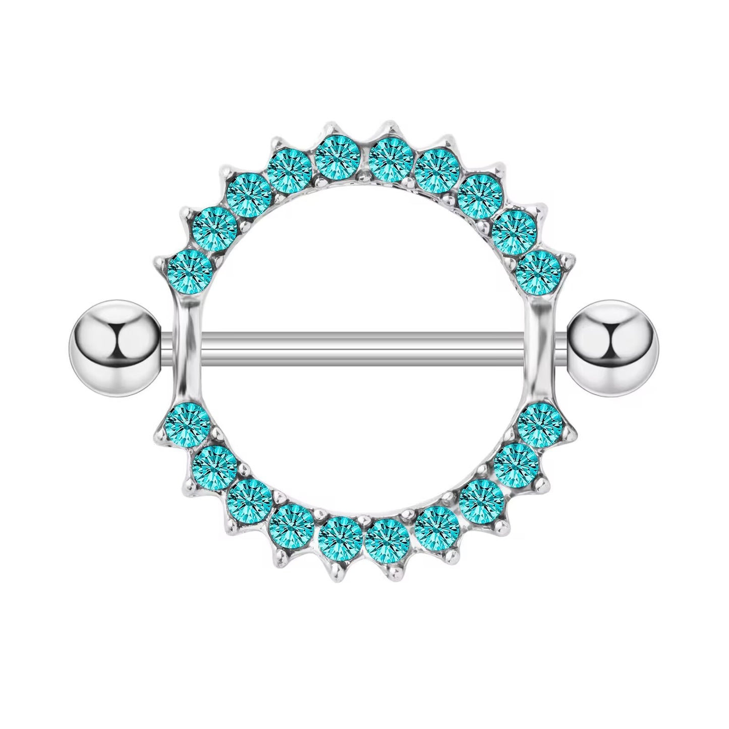 Detailed view of the 14G nipple piercing barbell with a vibrant aqua blue crystal shield ring, centered on a pure white background.