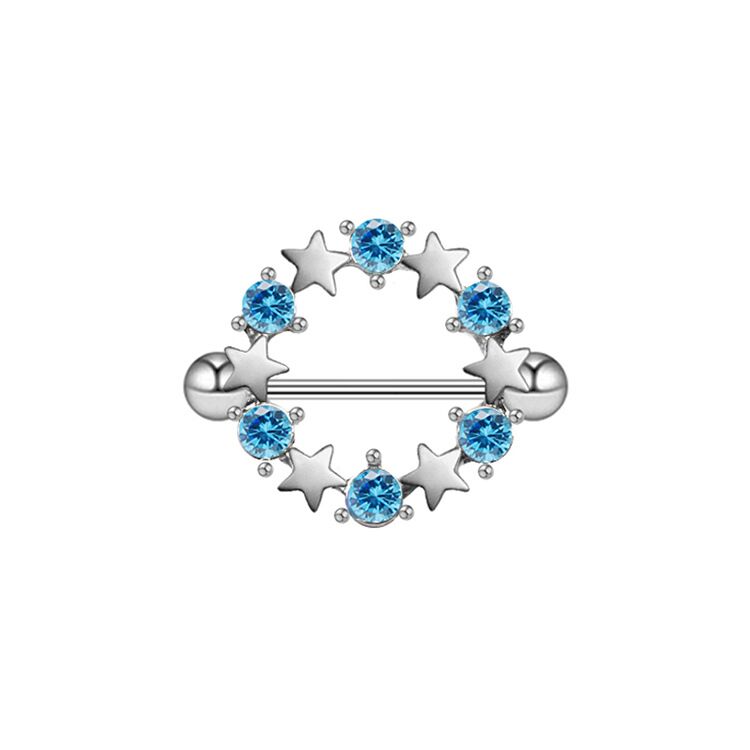 Ocean aqua blue crystal nipple jewelry with elegant silver stars