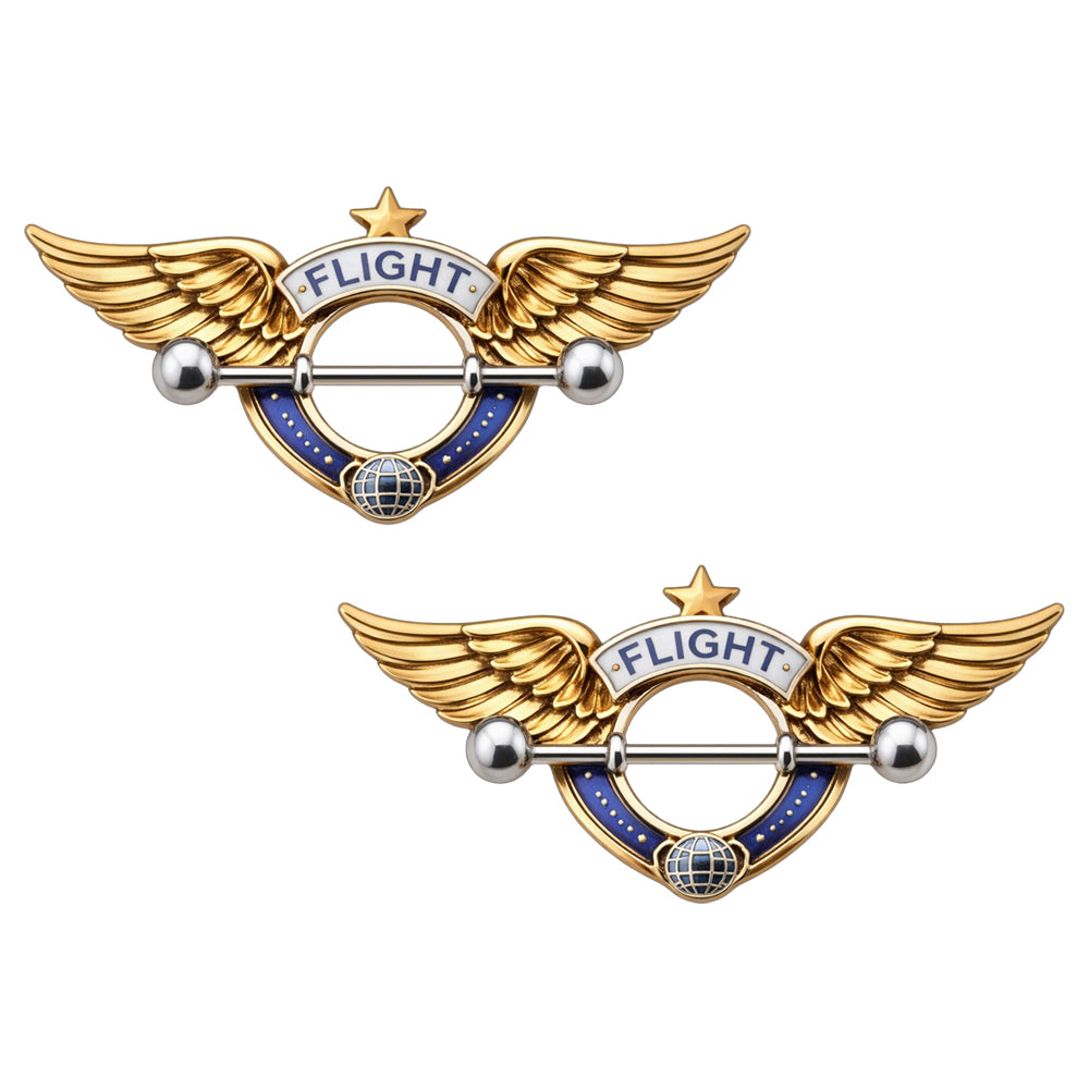 A pair of aviator-themed nipple shields featuring golden eagle wings and star accents.