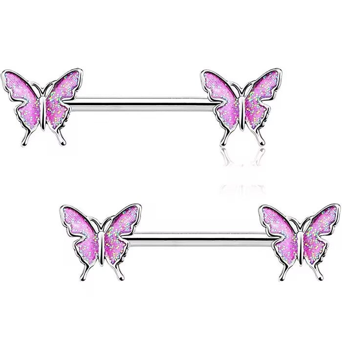Two pairs of vibrant barbie pink glitter butterfly nipple jewelry isolated on a white background.