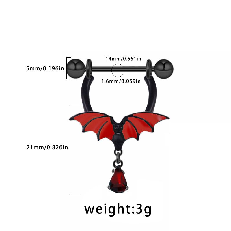 Detailed size chart for the bat nipple shield, showing 14mm bar length, 1.6mm gauge, and total weight of 3g.