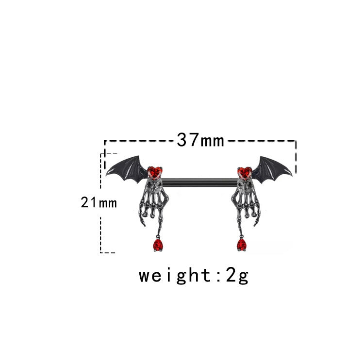 Single bat wing and skeletal hand nipple barbell diagram labeled 37 mm wide, 21 mm high and 2 g.
