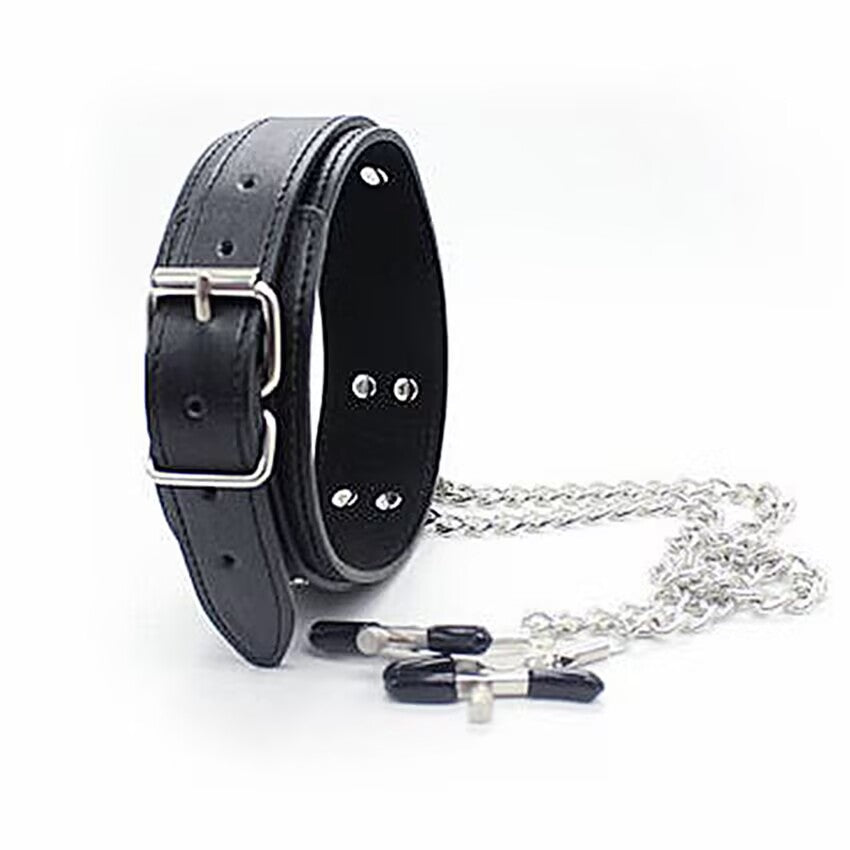 Side view of a rolled black leather bondage collar next to the adjustable tension metal clamps and chain.