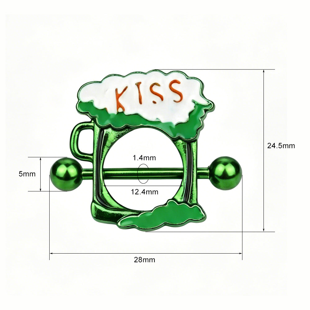 Measurement chart showing 14g thickness and 28mm width of the beer mug nipple shield jewelry.