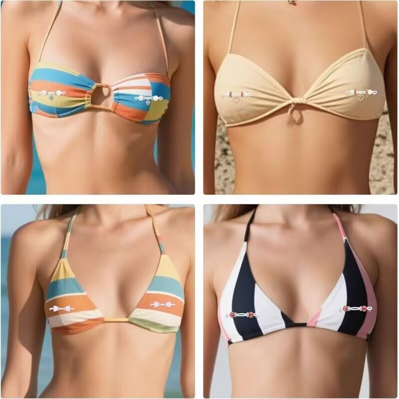 Female models wearing non piercing fake nipple jewelry with colorful swimsuits and bikinis.