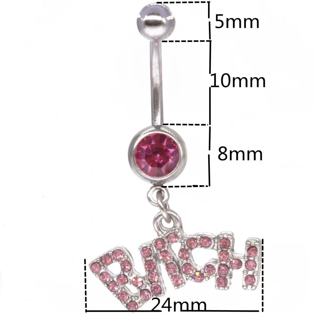 Product dimension diagram for the Bitch dangle belly ring showing 5mm top ball, 10mm bar, 8mm center crystal, and 24mm charm width.