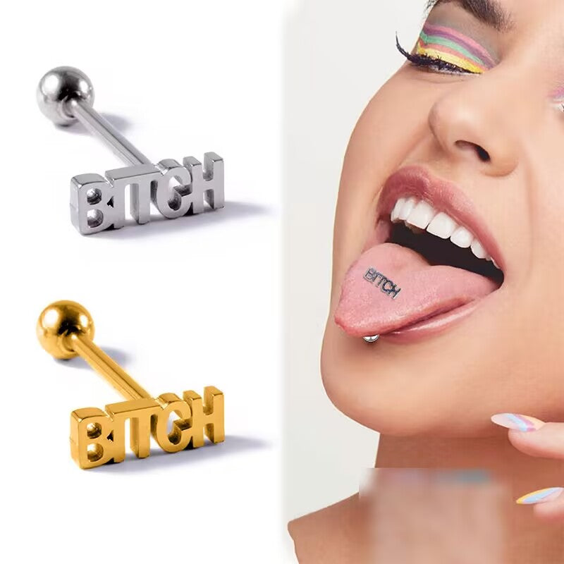 Gold and silver 14G BITCH tongue barbells shown alongside model tongue piercing look.
