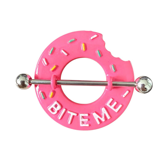 A high-definition 800x800 front view of a single Bite Me pink donut nipple shield ring with a titanium barbell on a pure white background.