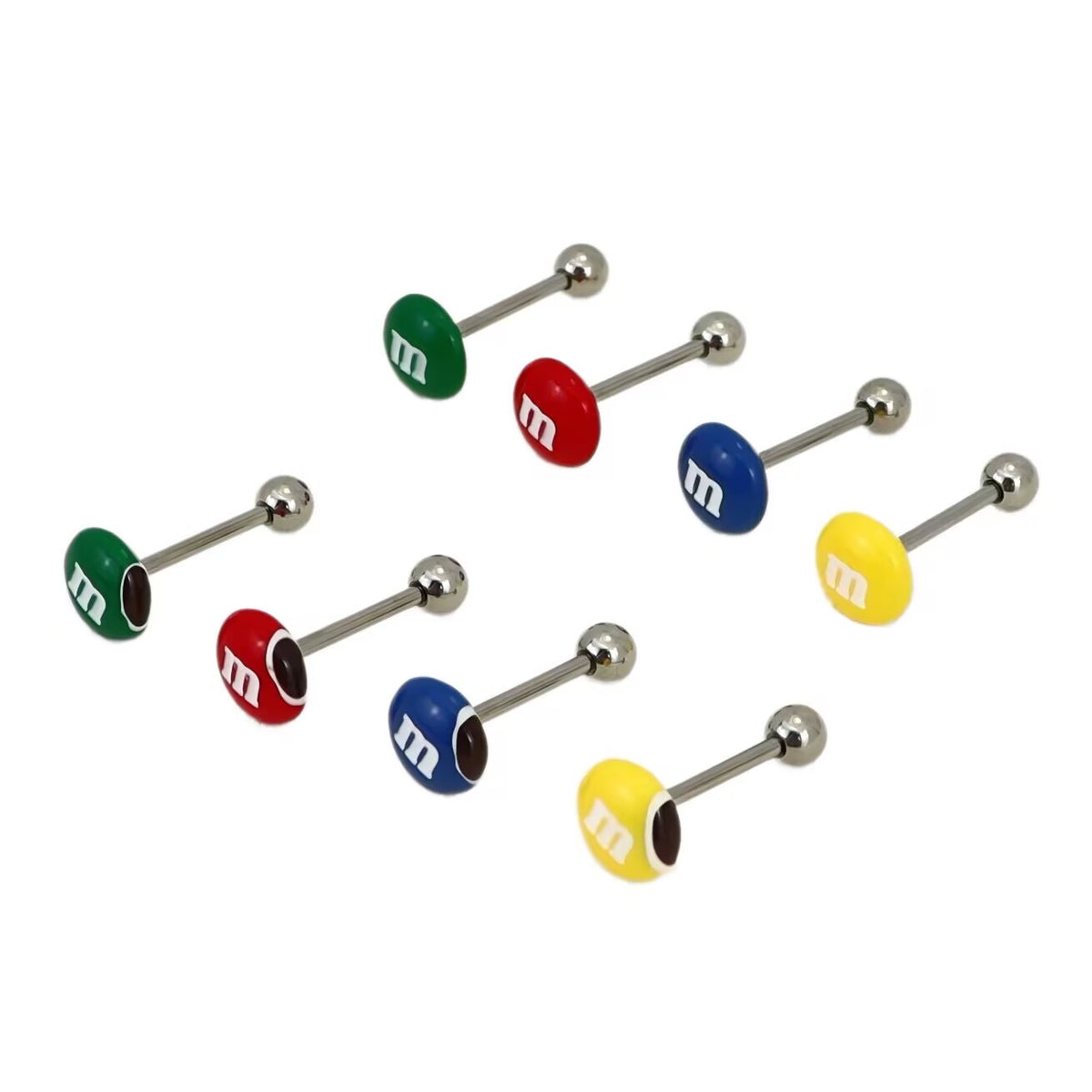Set of M&M candy tongue barbells with realistic bite-mark details on a pure white background.