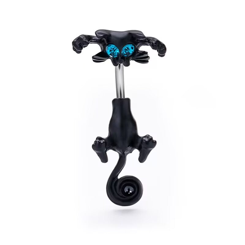 Black cat belly button ring featuring blue crystal eyes and a curved tail detail.