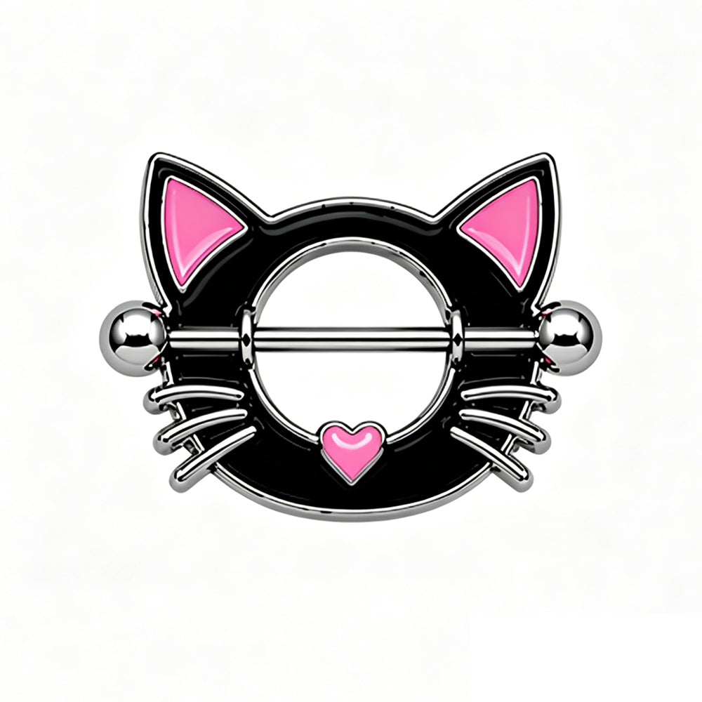 Front view of a black enamel cat-shaped nipple shield with pink ears and heart detail.