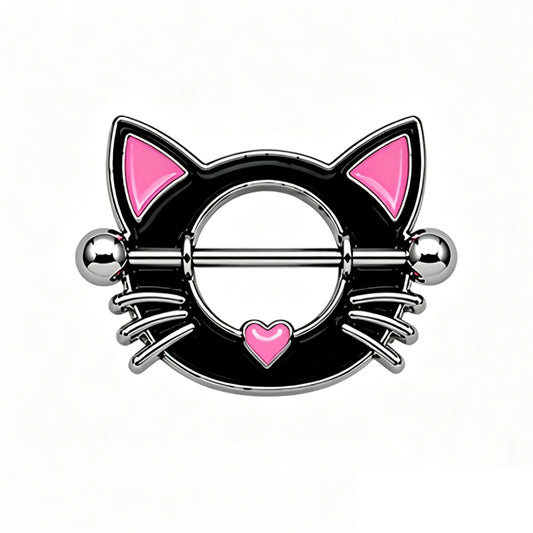 Front view of a black enamel cat-shaped nipple shield with pink ears and heart detail.