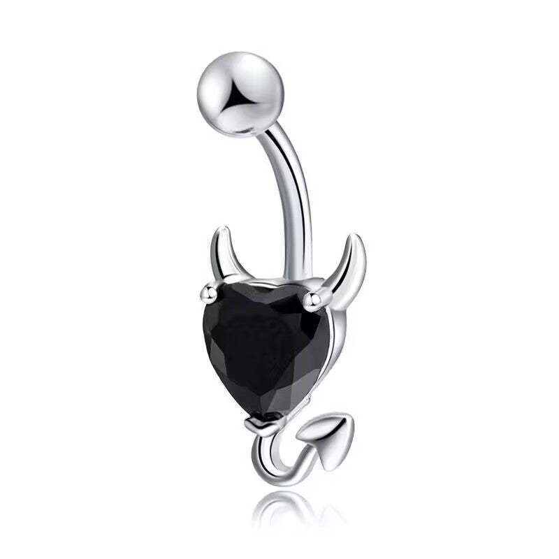A dark gothic aesthetic black cz gemstone devil heart belly button ring for alternative style lovers.