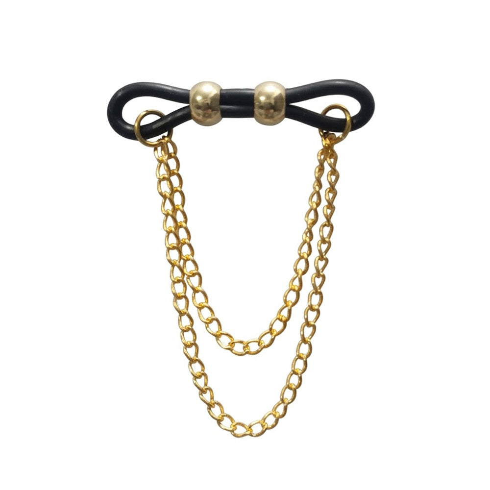 Black rubber adjustable fake nipple ring clamp pair styled with gold sliding beads and gold double chains.