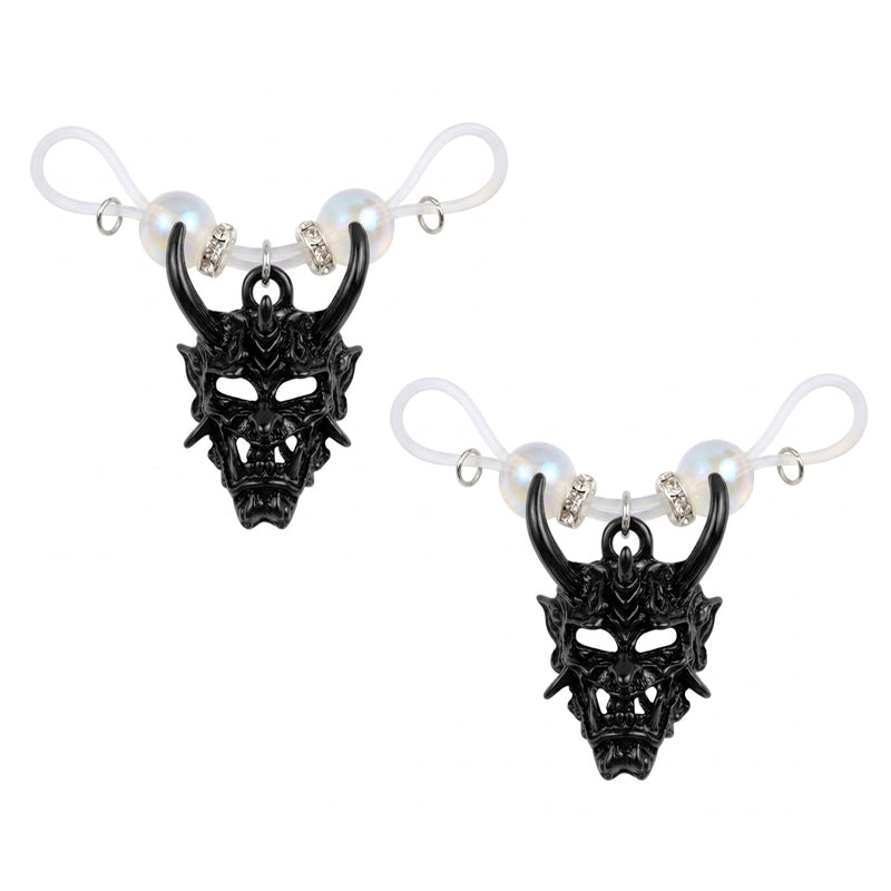 Pair of black Hannya mask non-pierced nipple clamps with clear adjustable silicone loops for no-pain body accessory wear.