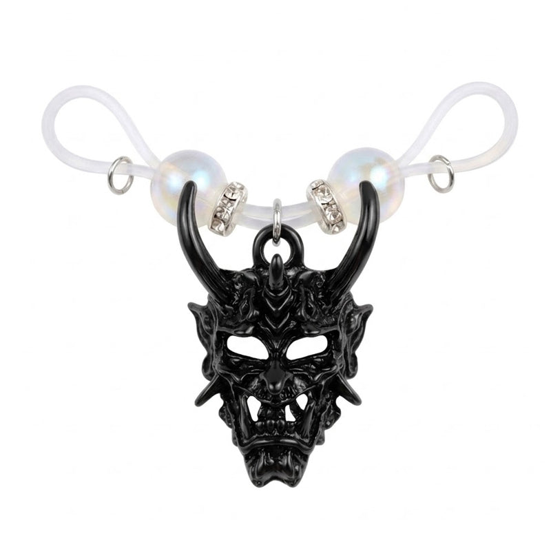 Onyx black Hannya oni mask non-pierced nipple clamp with flexible silicone loop fastener and iridescent beads detail view.