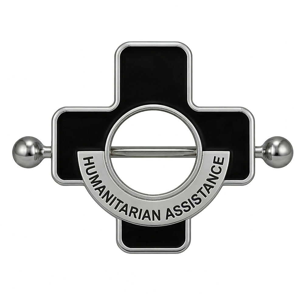Black cross nipple jewelry engraved with Humanitarian Assistance