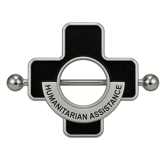 Black cross nipple jewelry engraved with Humanitarian Assistance