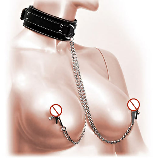 Full view of adjustable black leather collar connected via a silver chain to dual metal clamps with black rubber tips.