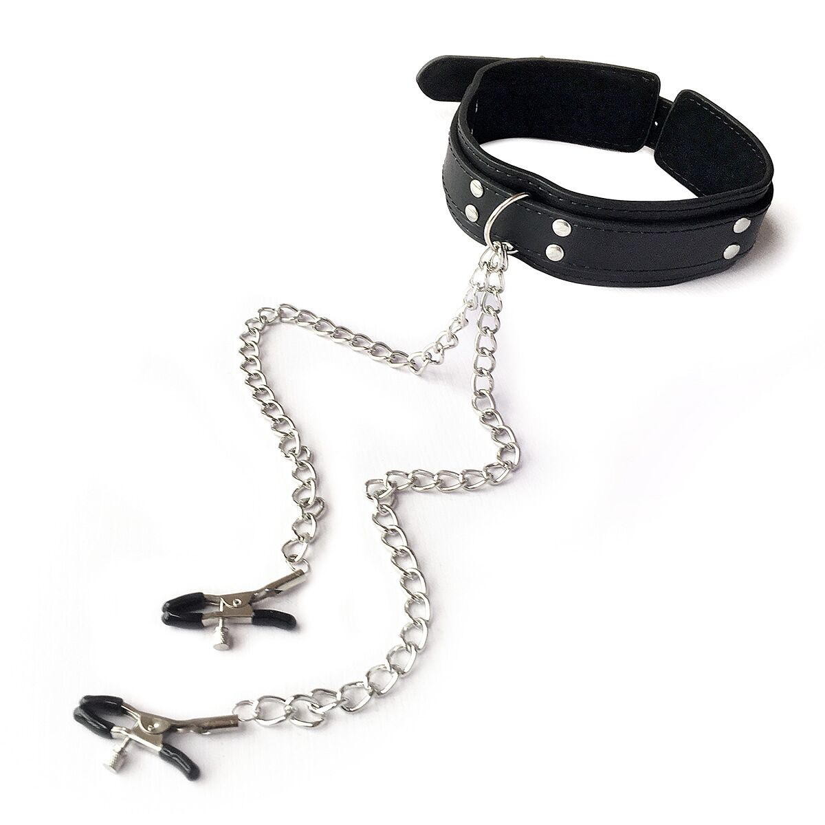 Full view of adjustable black leather collar connected via a silver chain to dual metal clamps with black rubber tips.