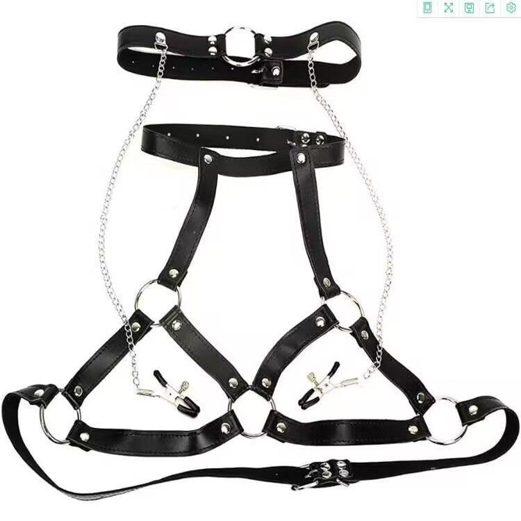 Flat lay display of 2-piece gothic black leather chest harness and matching choker with screw nipple clamps and chains.