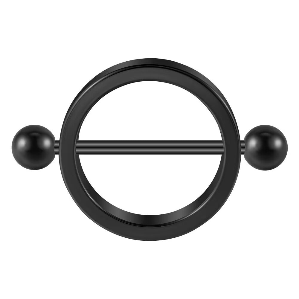 Matte black circular nipple shield barbell in gothic punk style.