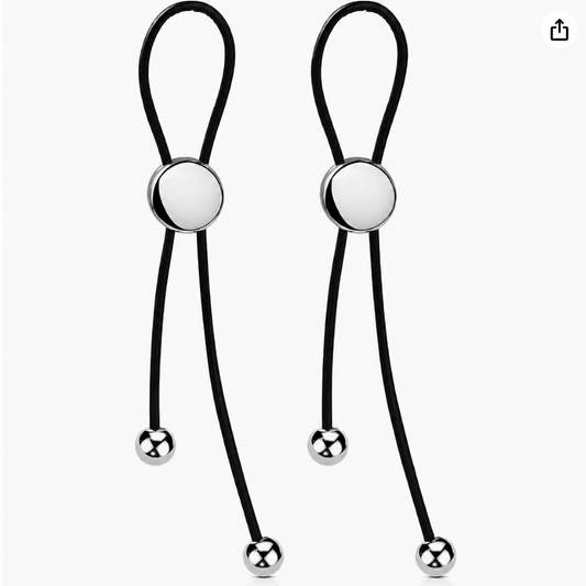 Pair of black non-piercing nipple clips with silver-tone round fronts and two smooth bead drops per clip.
