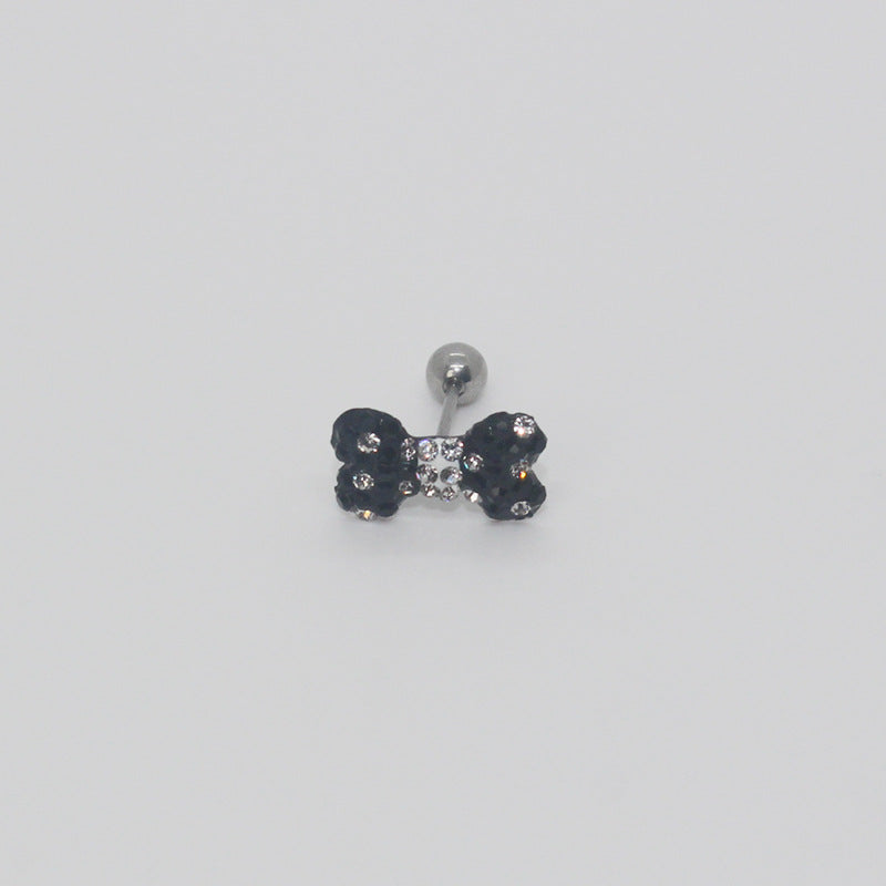 One black rhinestone bow earring with a clear rhinestone center and silver-tone ball end.