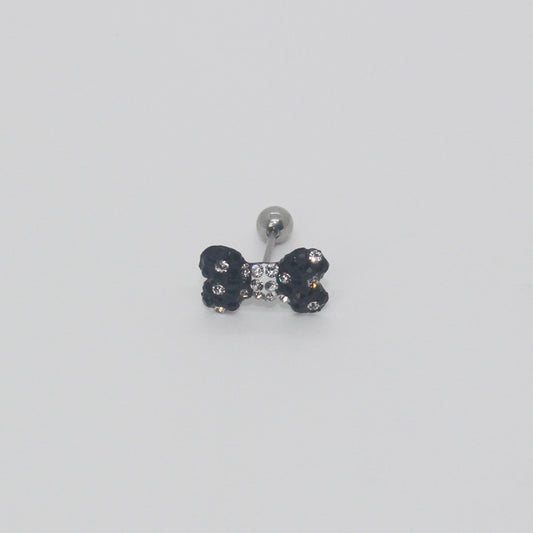 One black rhinestone bow earring with a clear rhinestone center and silver-tone ball end.