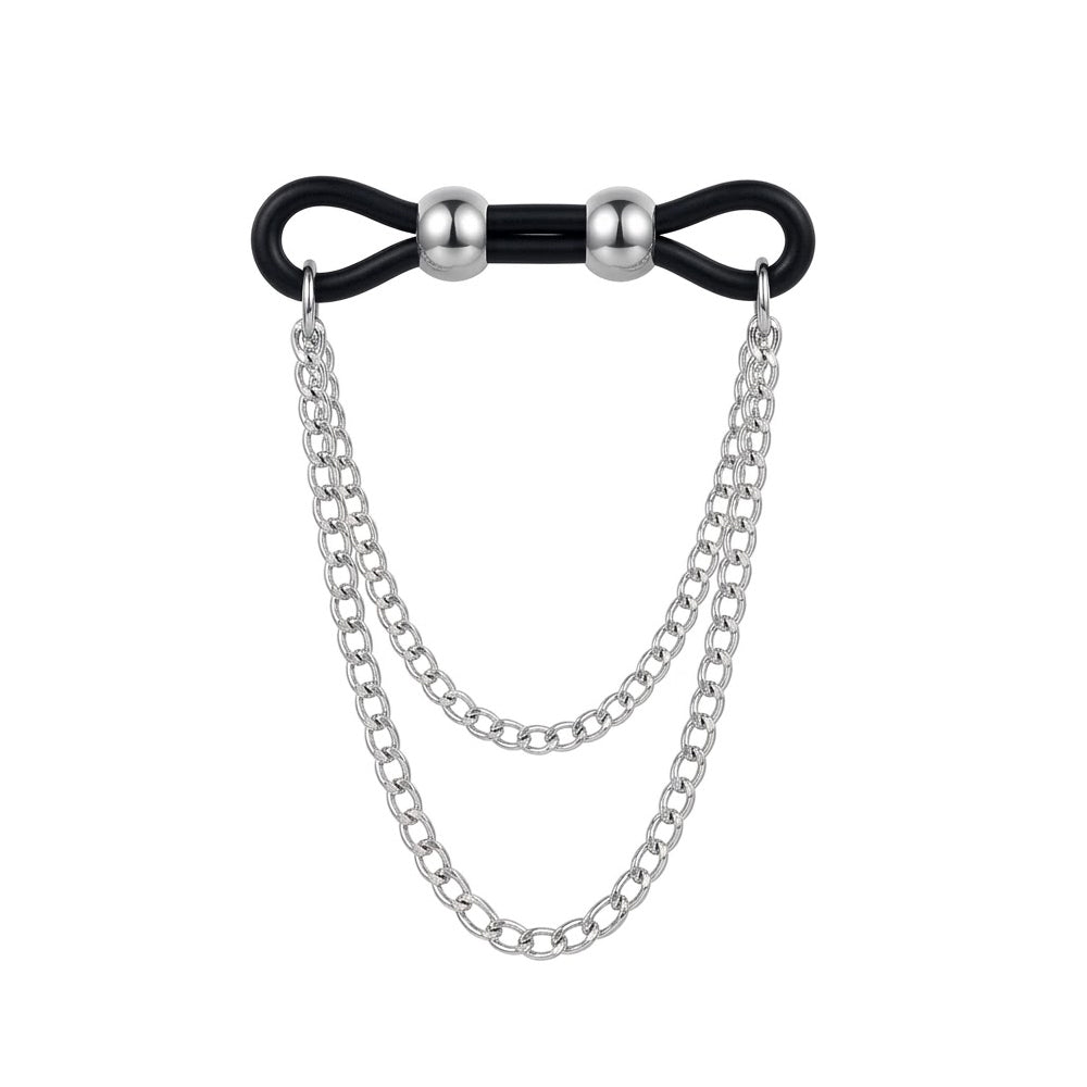 Black rubber non-piercing nipple ring clamp pair featuring silver adjustment beads and a double chain dangle.