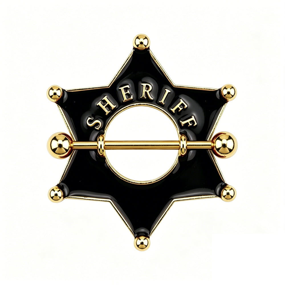 Black enamel sheriff star nipple shield jewelry with gold lettering