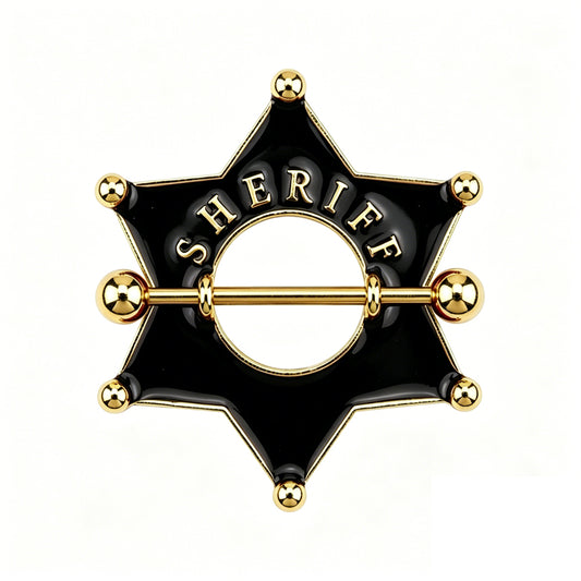 Black enamel sheriff star nipple shield jewelry with gold lettering