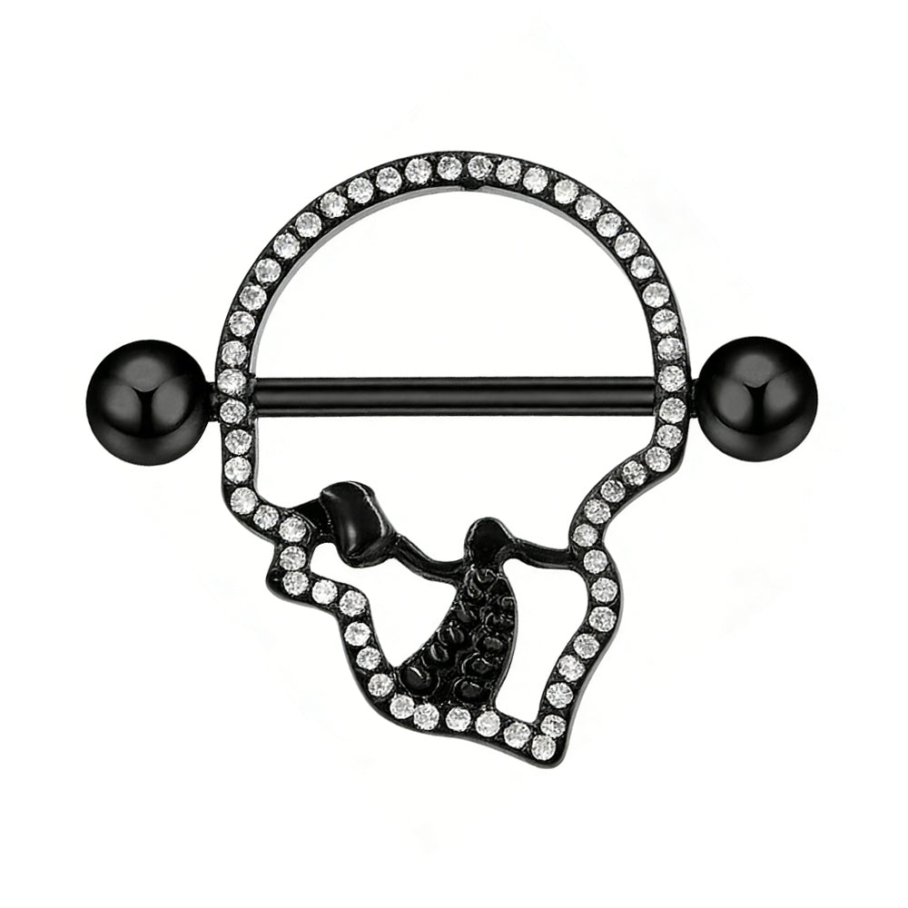 Single black gothic skull nipple shield with white rhinestone inlay.
